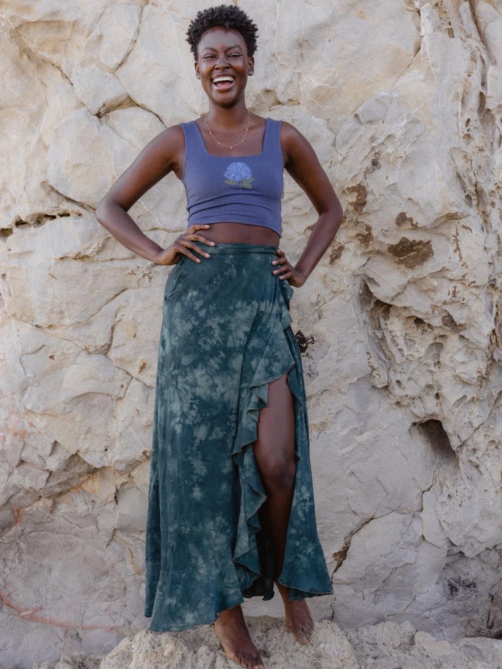 Small Purusha People Sol Lily Wave Green Maxi Ruffle Side Slit TieDye Wrap Skirt